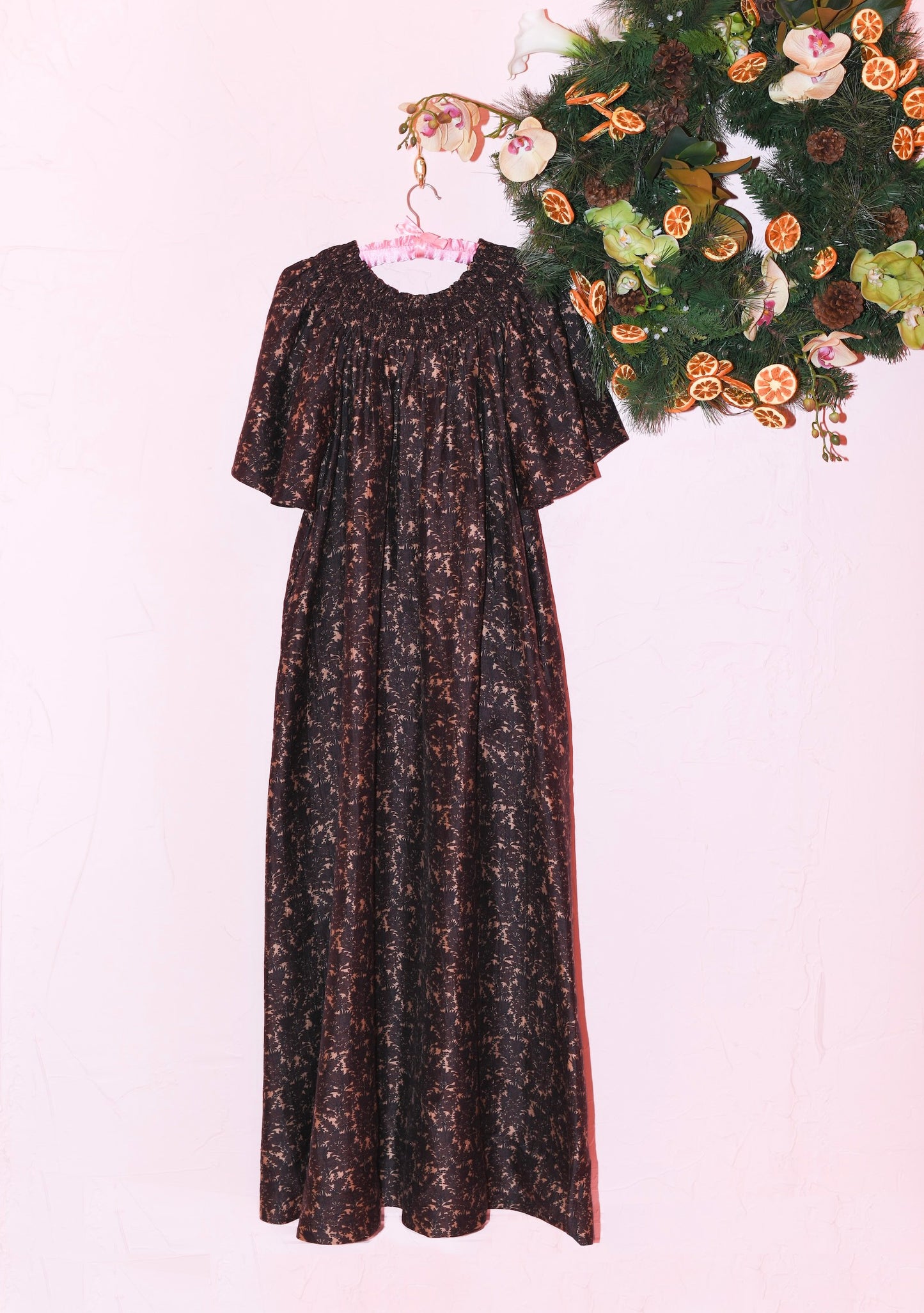 Smocked Neck Flutter Sleeve Maxi Dress in Tropical Ditsy Cacao Silk Dupioni