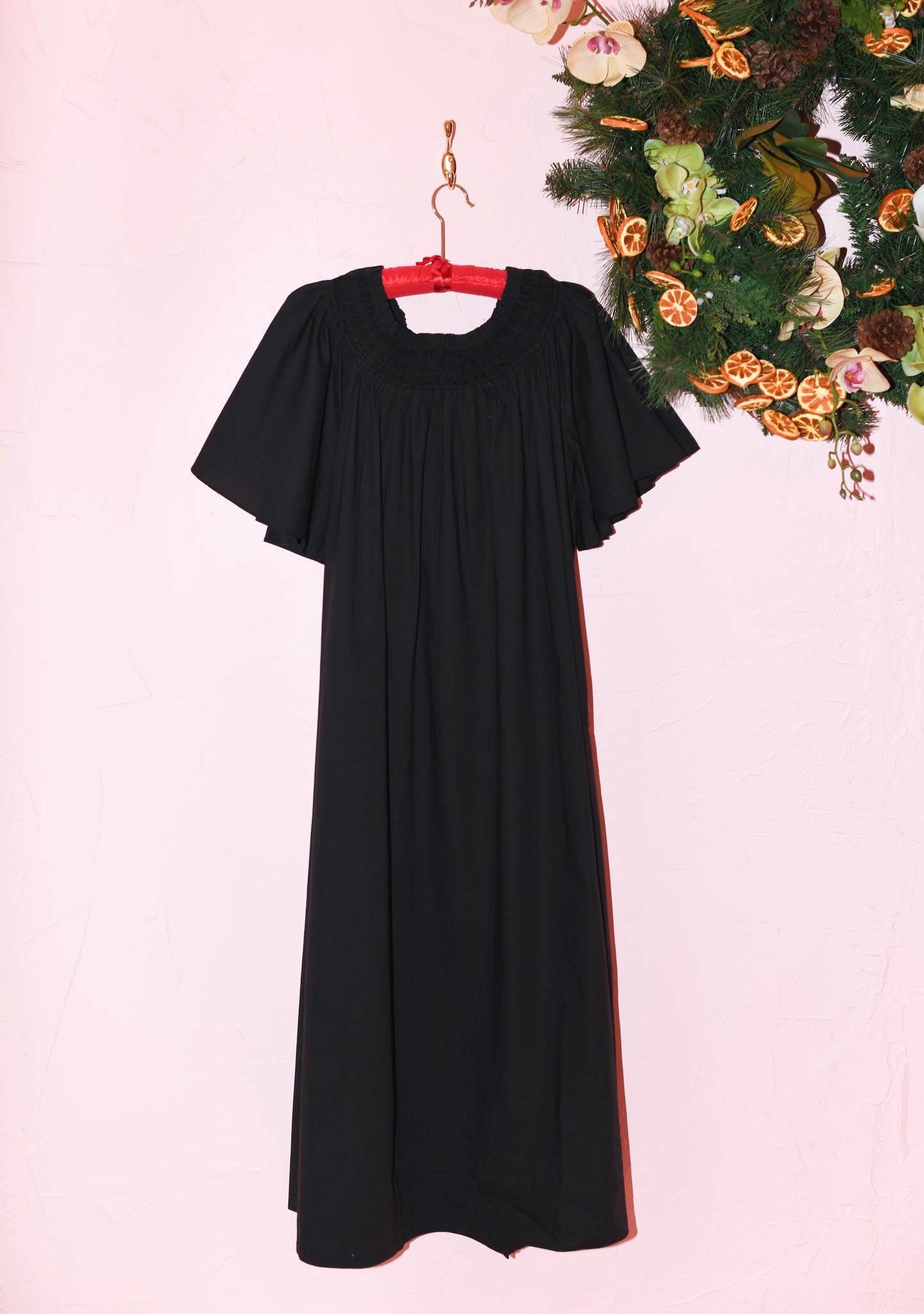 Smocked Neck Flutter Sleeve Midi Dress in Black Cotton Poplin