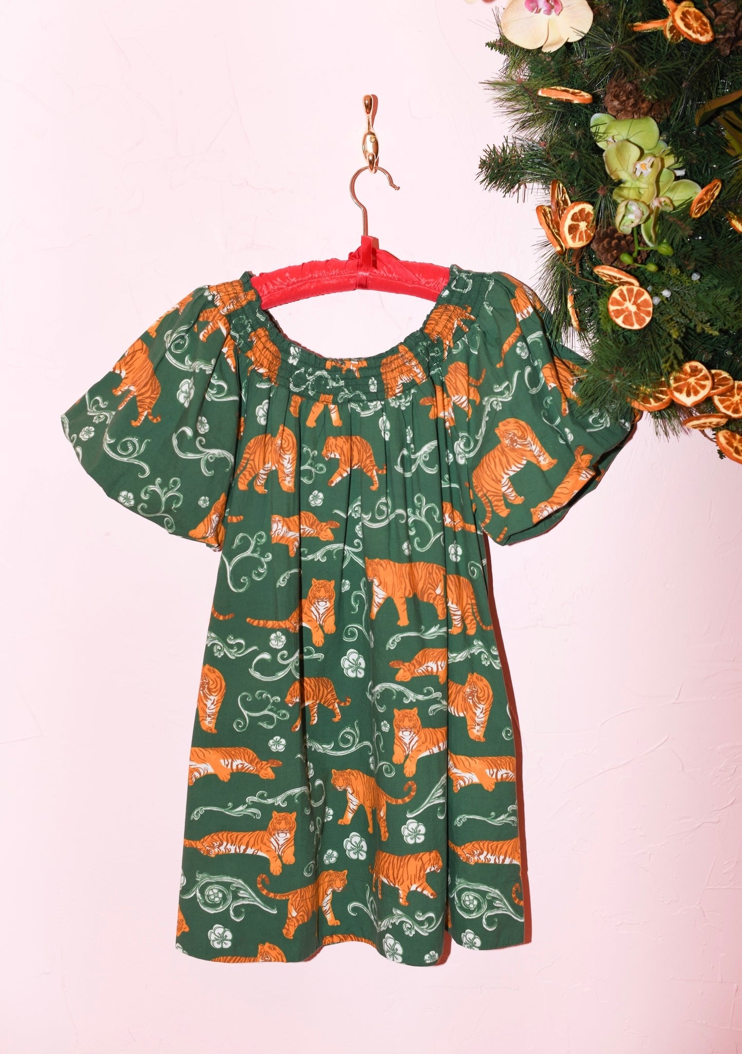 Baby Doll Short Sleeve Mini Dress in Tiger's Meadow Emerald Cotton Poplin