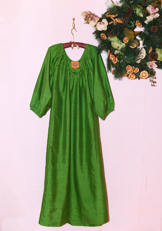 V Neck Maxi Dress in Green Silk Dupioni