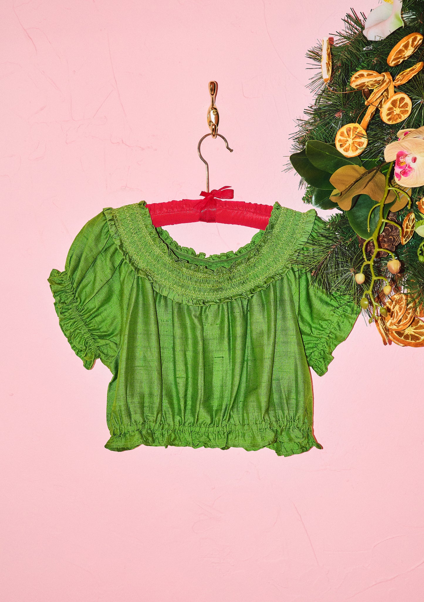 Smocked Neck Everyone Crop Top in Silk Dupioni