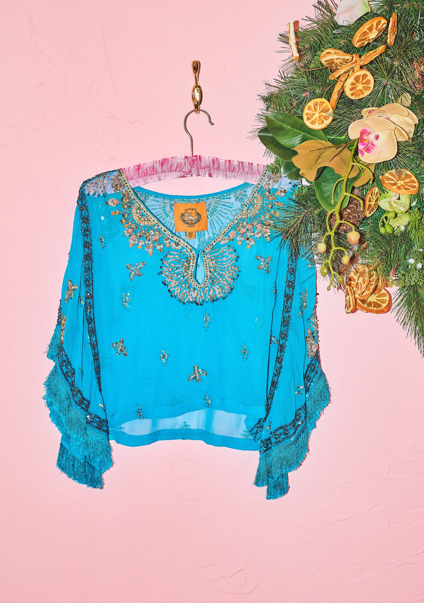 Embellished Taylor Crop Top in Inlet Aqua Viscose Chiffon