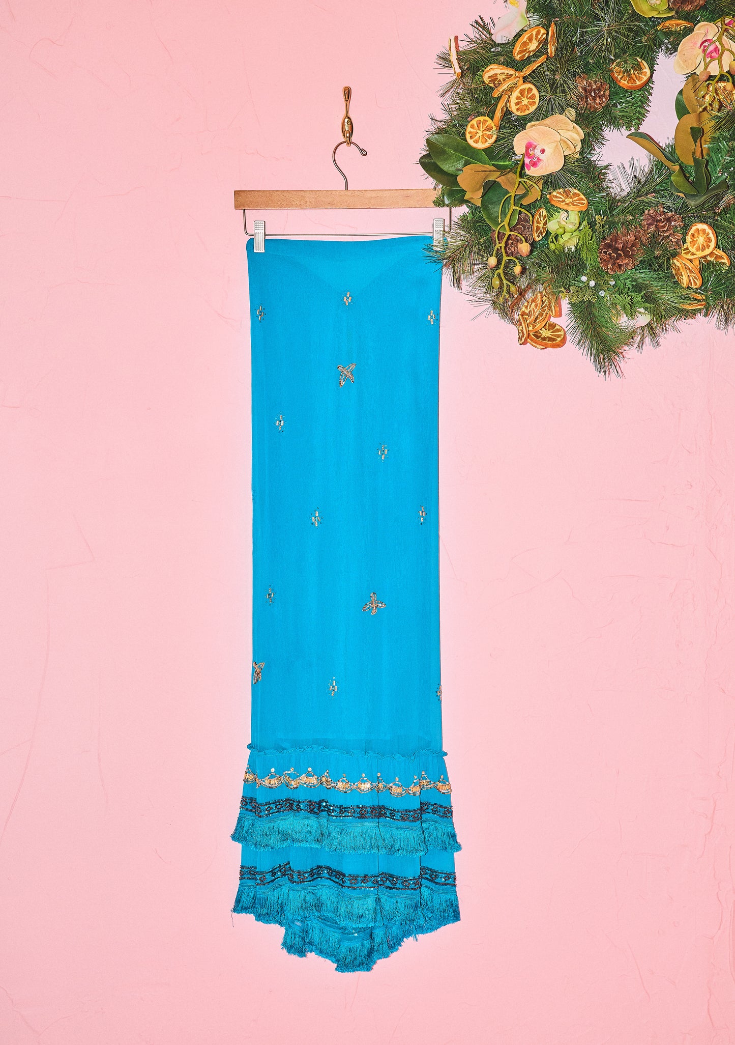 Embellished Cinch Midi Skirt in Inlet Aqua Viscose Chiffon