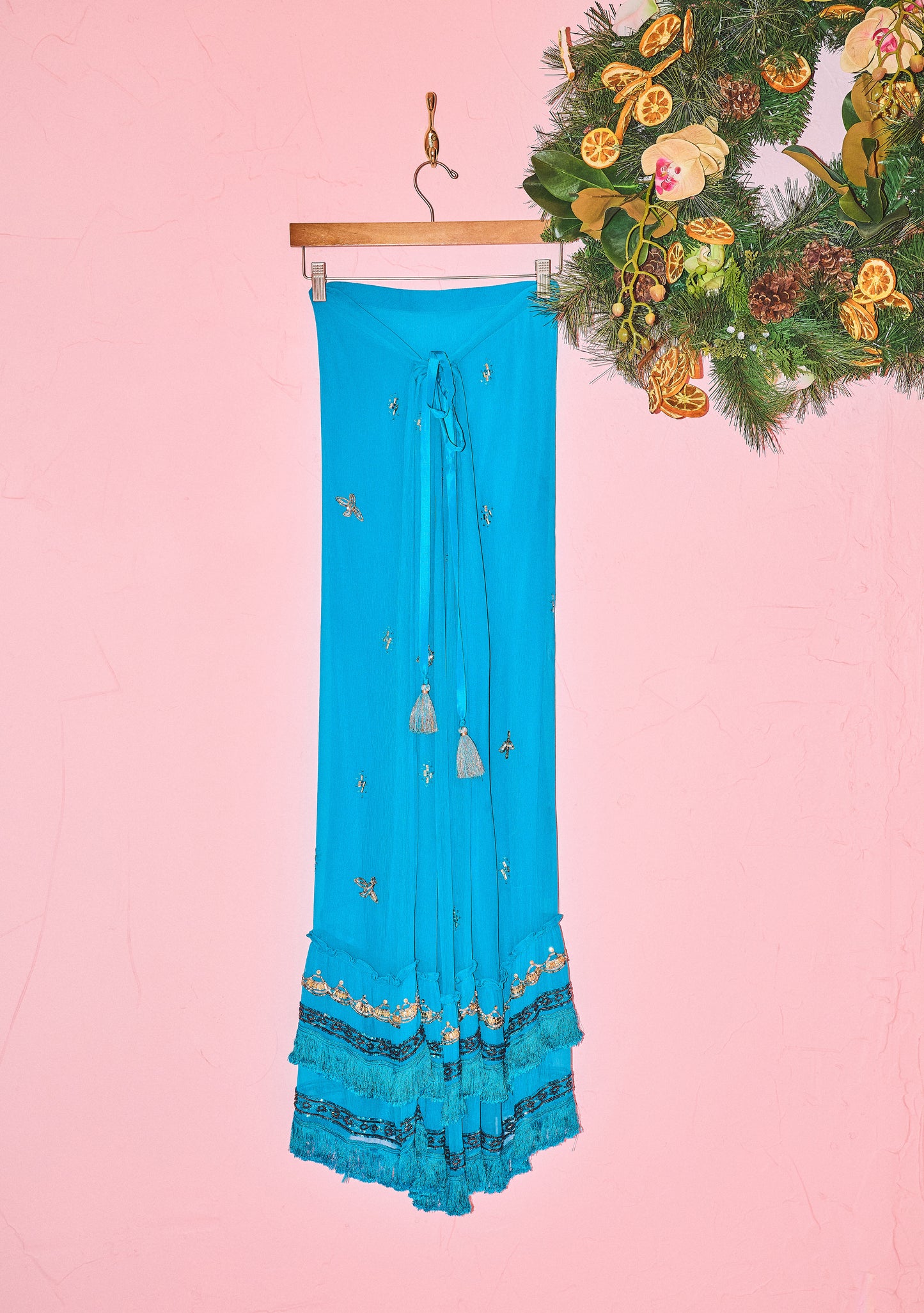 Embellished Cinch Midi Skirt in Inlet Aqua Viscose Chiffon