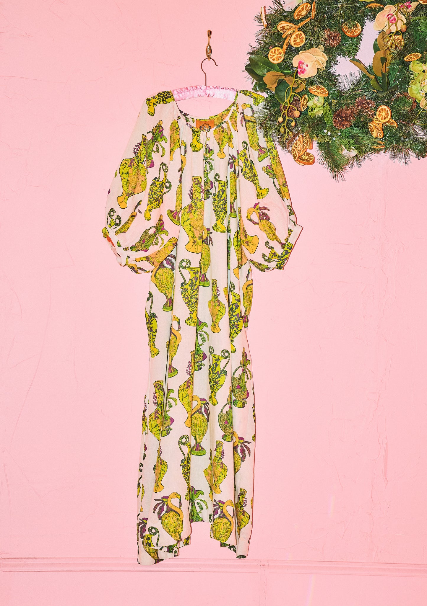 Shirred Half Placket Midi Dress in Amfora Diamonds Yellow Green Linen