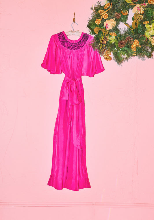 Smocked Neck Flutter Sleeve Maxi Dress in Neon Flamingo Silk Habotai