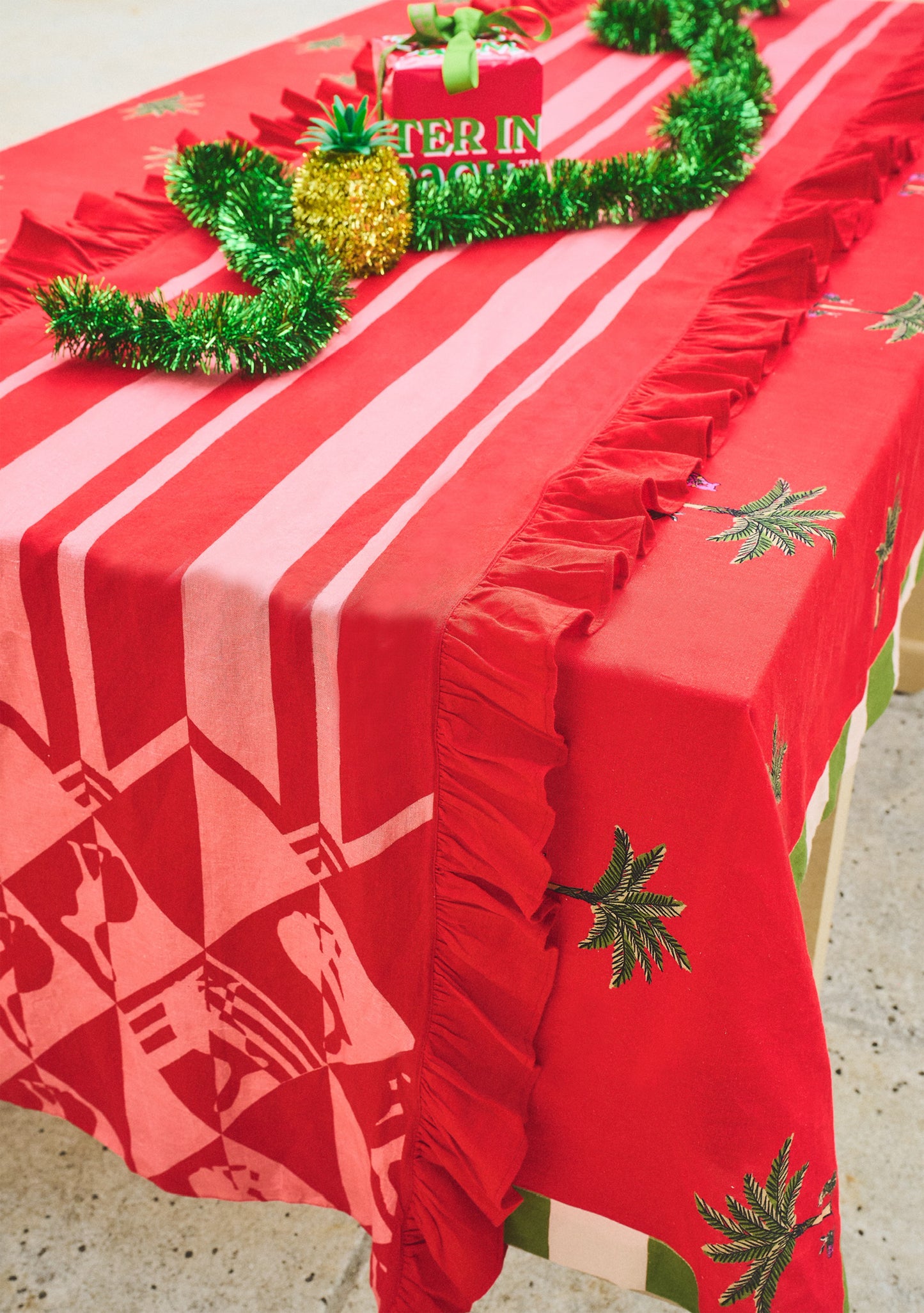 Ruffle Table Runner in Bunny Stripe Red