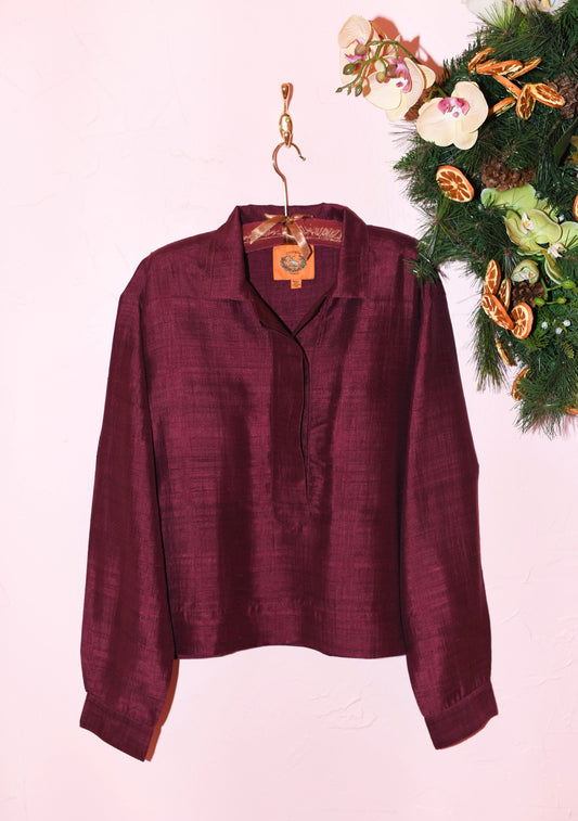 Half Placket Long Sleeve Mirasol Top in Deep Violet Silk Dupioni