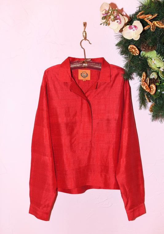 Half Placket Long Sleeve Mirasol Top in Deep Red Silk Dupioni