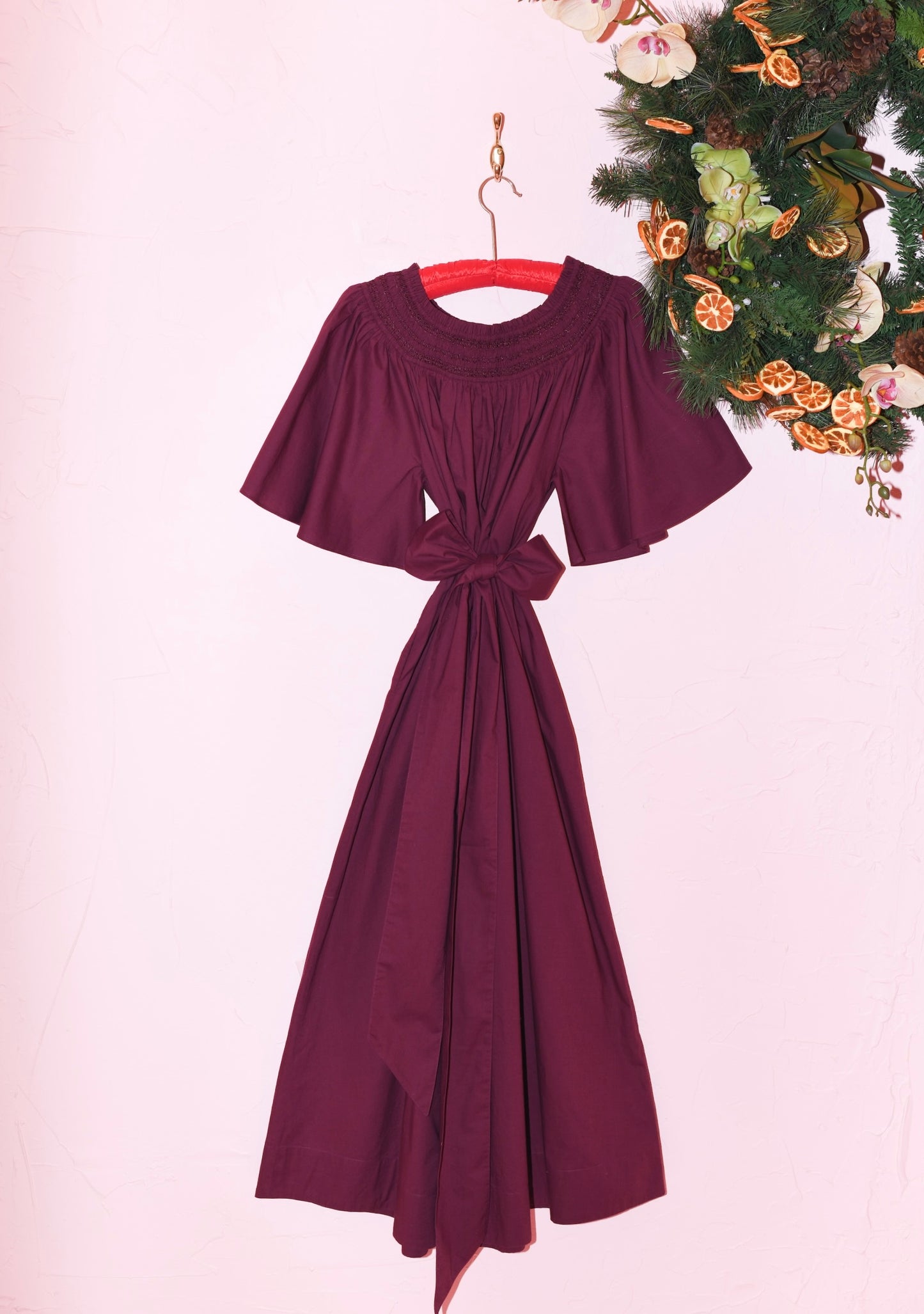 Smocked Neck Flutter Sleeve Midi Dress in Deep Violet Cotton Poplin