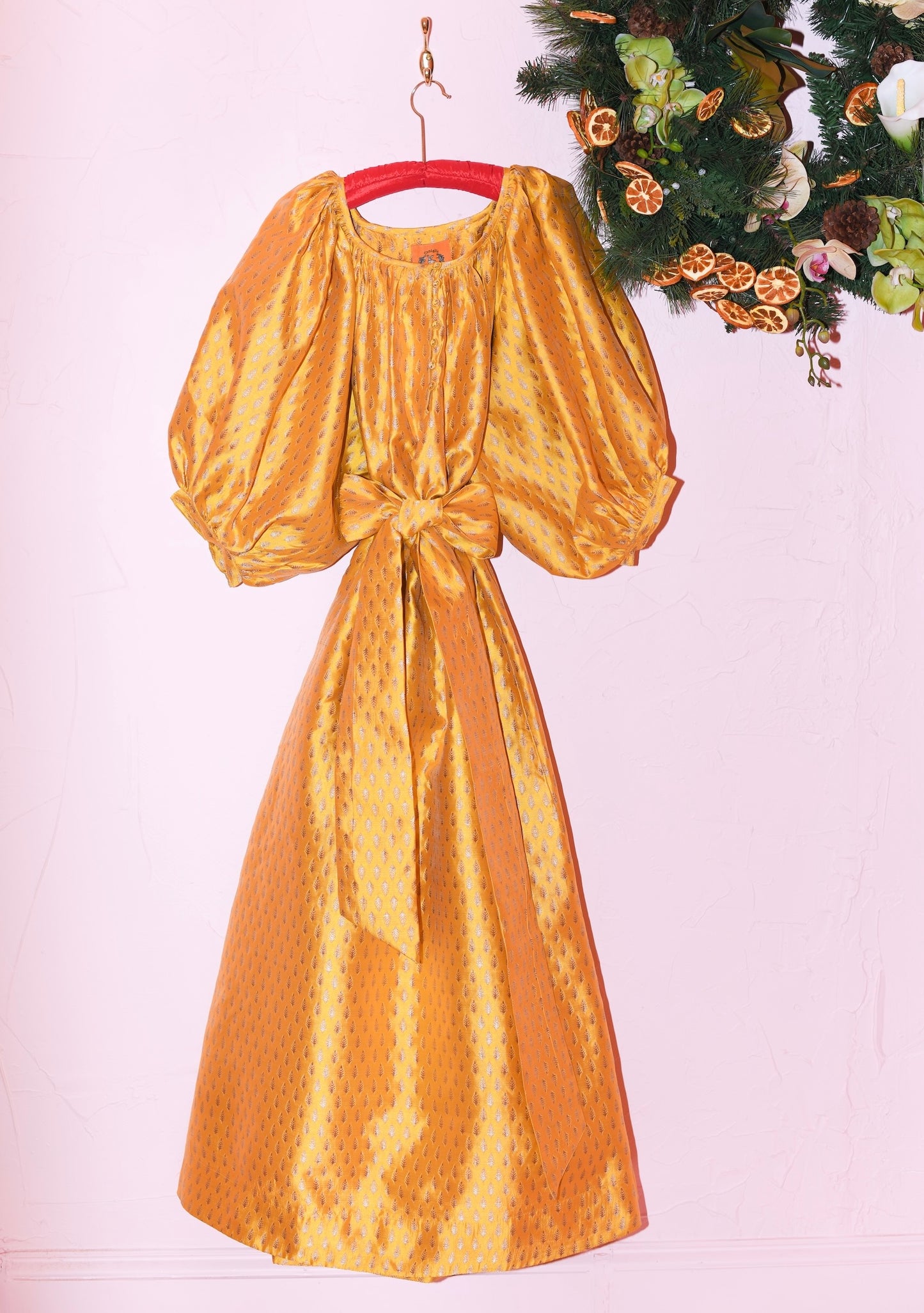 Shirred Half Placket Maxi Dress in Gilded Leaflet Brocade