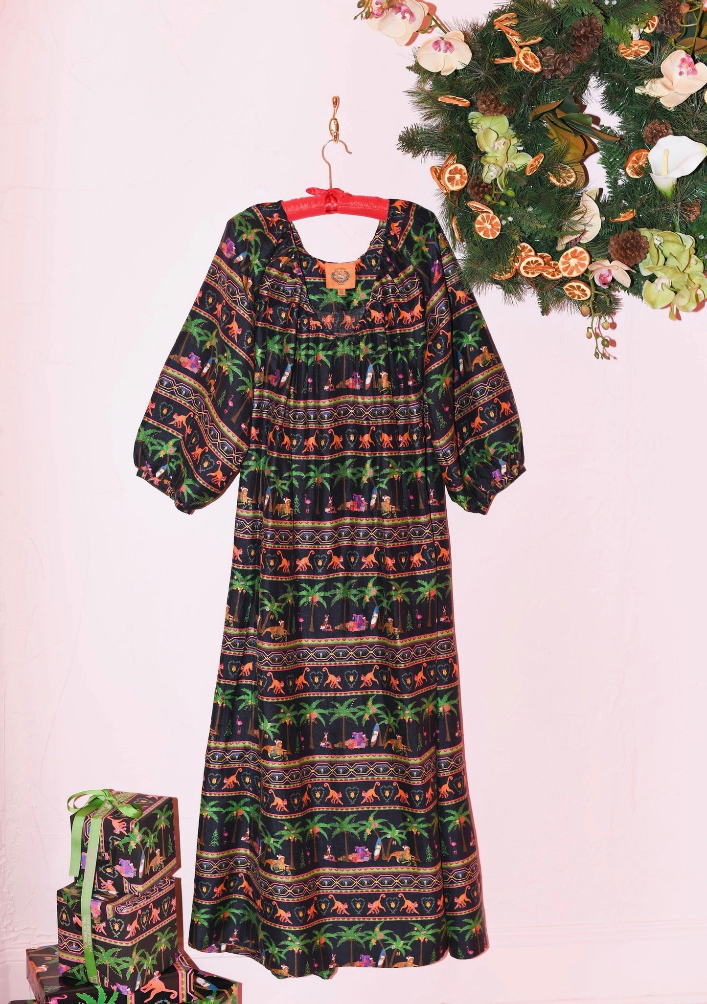 V Neck Maxi Dress in Jungle Bell Hi Holiday Silk Dupioni