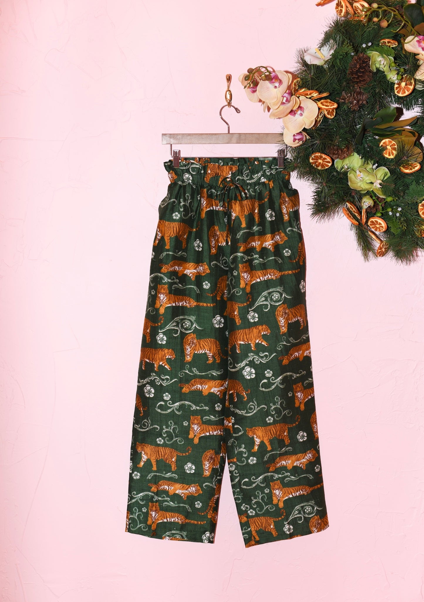 Convertible Beach Pant in Tiger's Meadow Emerald Silk Dupioni