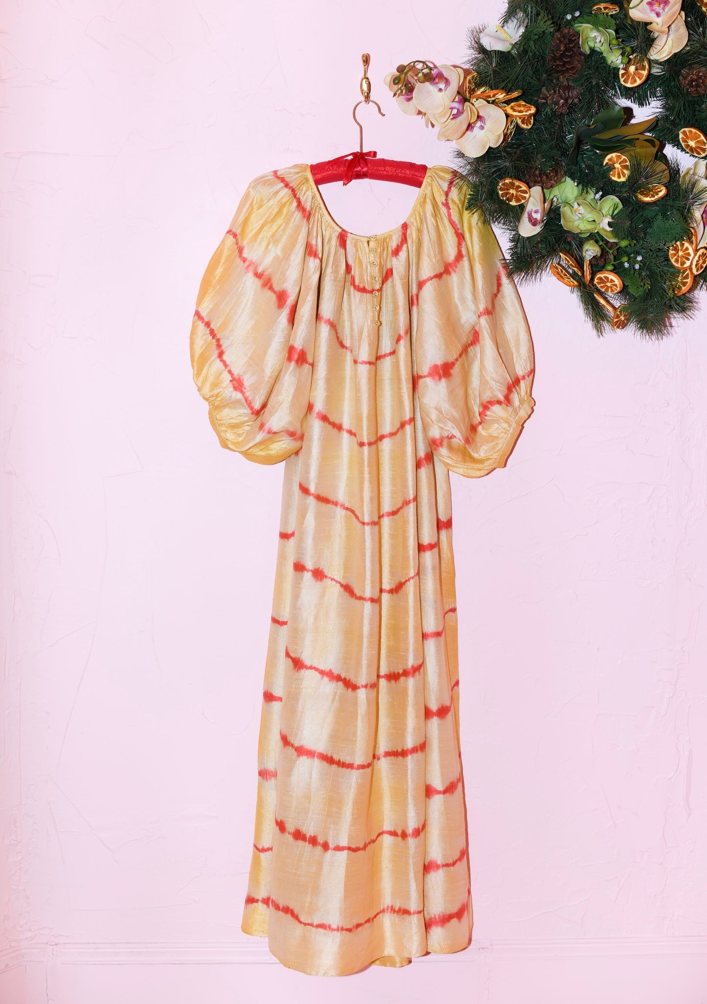 Shirred Half Placket Maxi Dress in Hand Dye Silk Dupioni