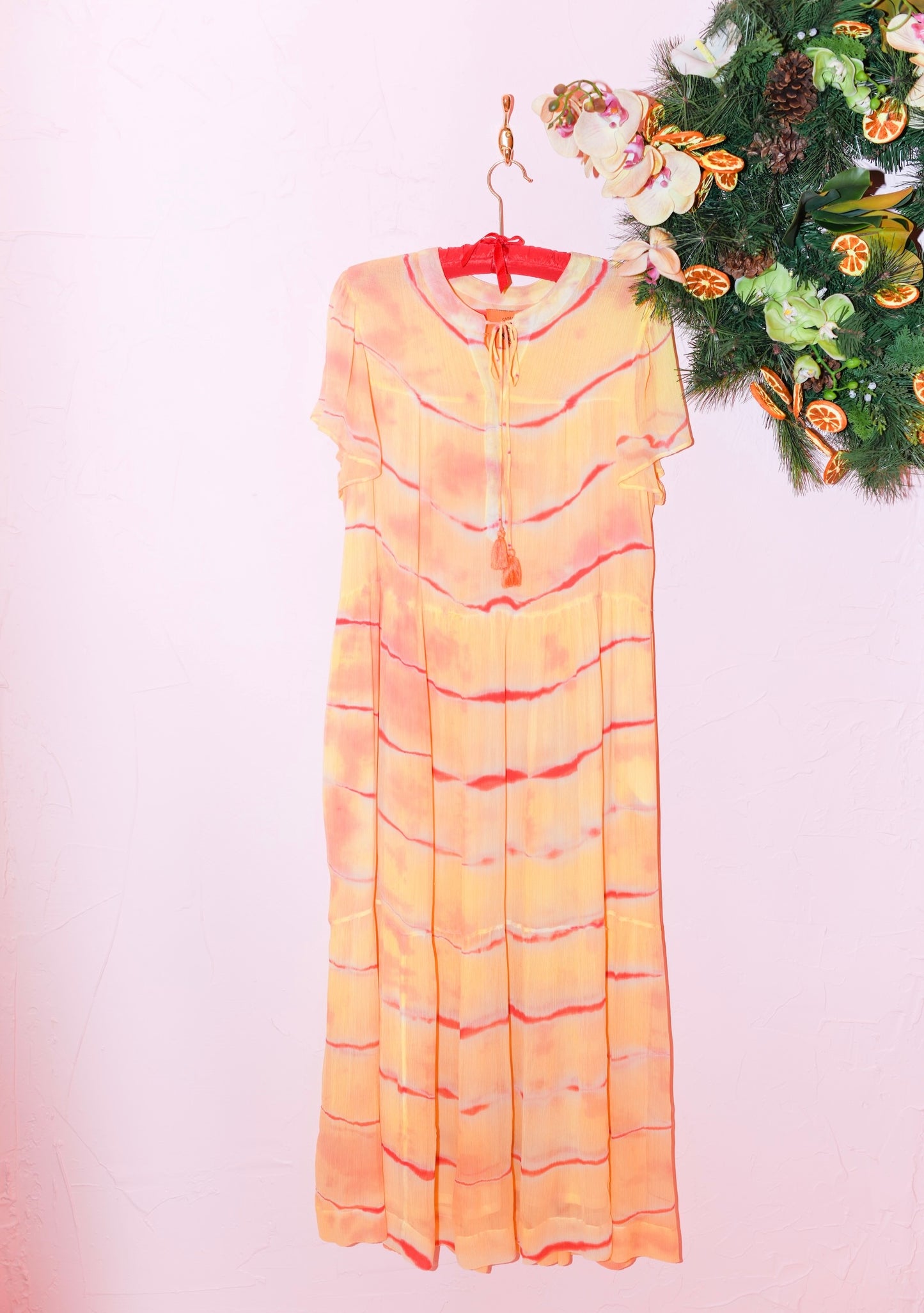 Classic Tiered Midi Dress in Sunrays Hand Dye Viscose Chiffon