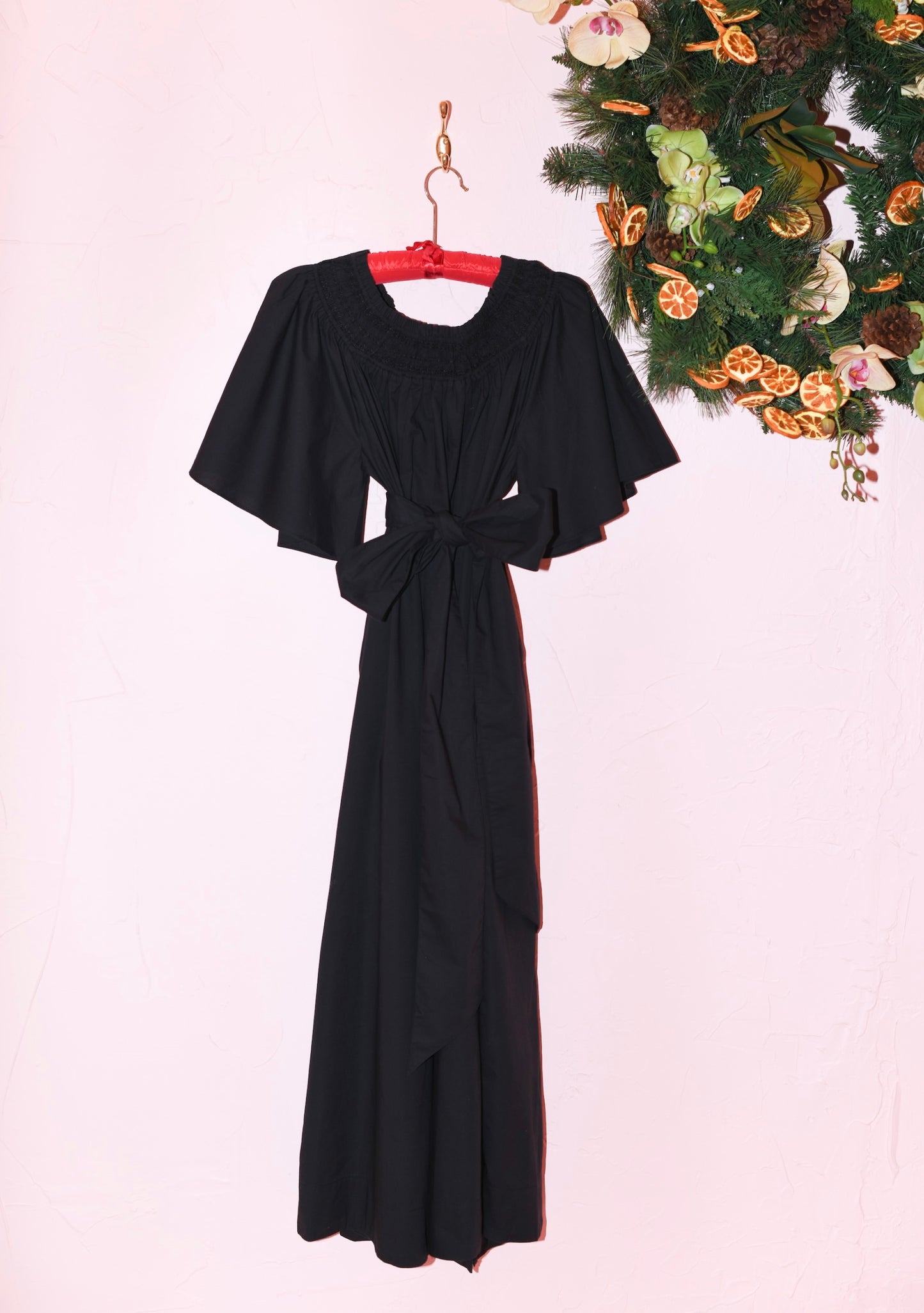 Smocked Neck Flutter Sleeve Midi Dress in Black Cotton Poplin