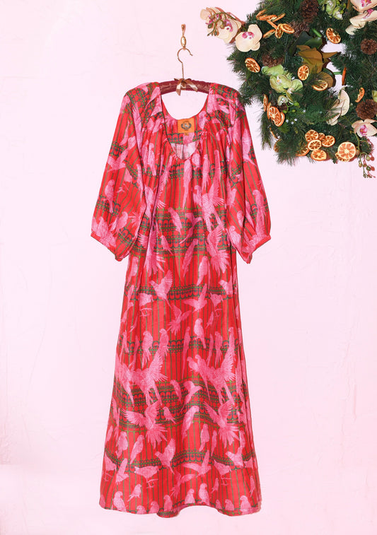 V Neck Maxi Dress in Parrot Cage Dragon Fruit Silk Dupioni