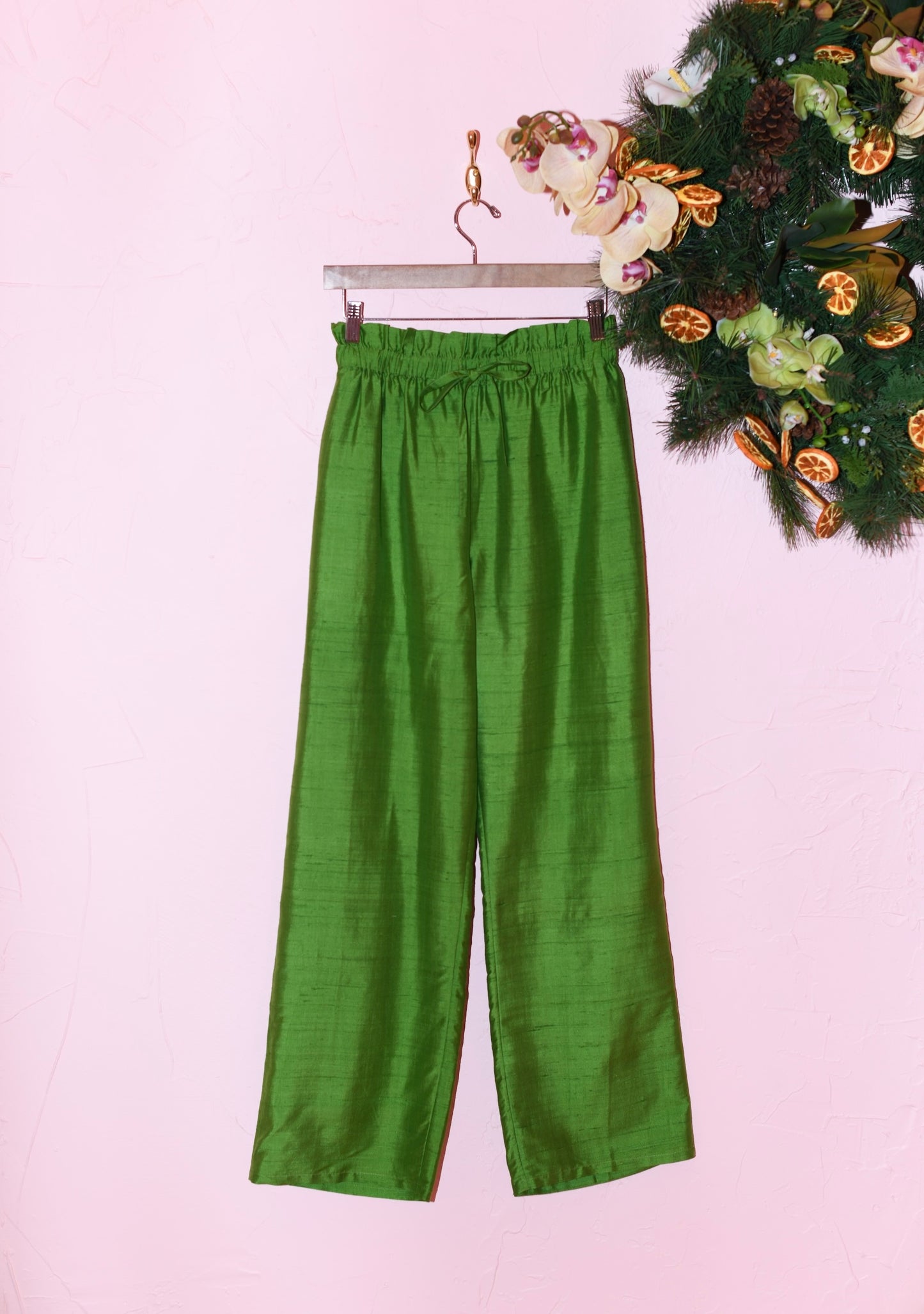 Convertible Beach Pant in Green Silk Dupioni