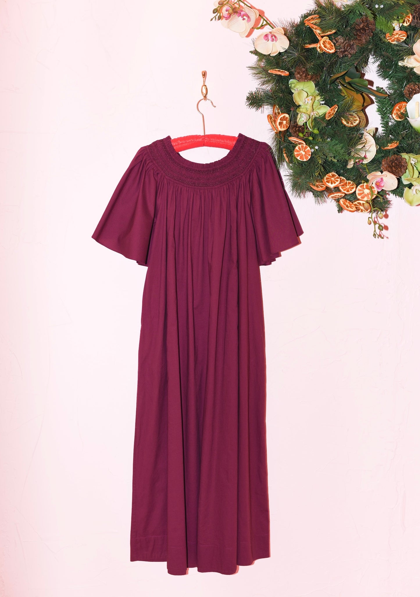 Smocked Neck Flutter Sleeve Midi Dress in Deep Violet Cotton Poplin