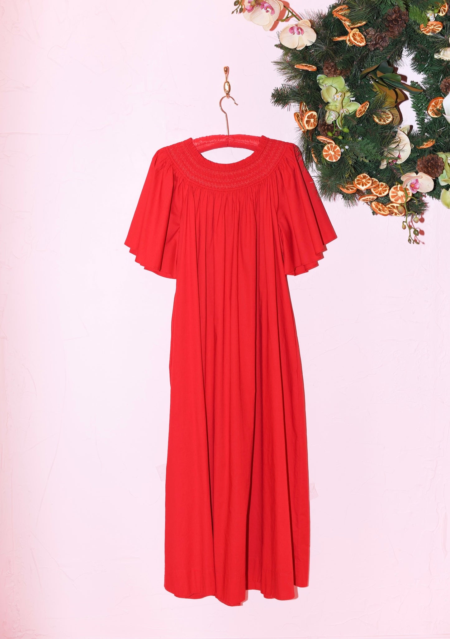 Smocked Neck Flutter Sleeve Midi Dress in Deep Red Cotton Poplin