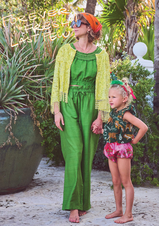 Convertible Beach Pant in Green Silk Dupioni