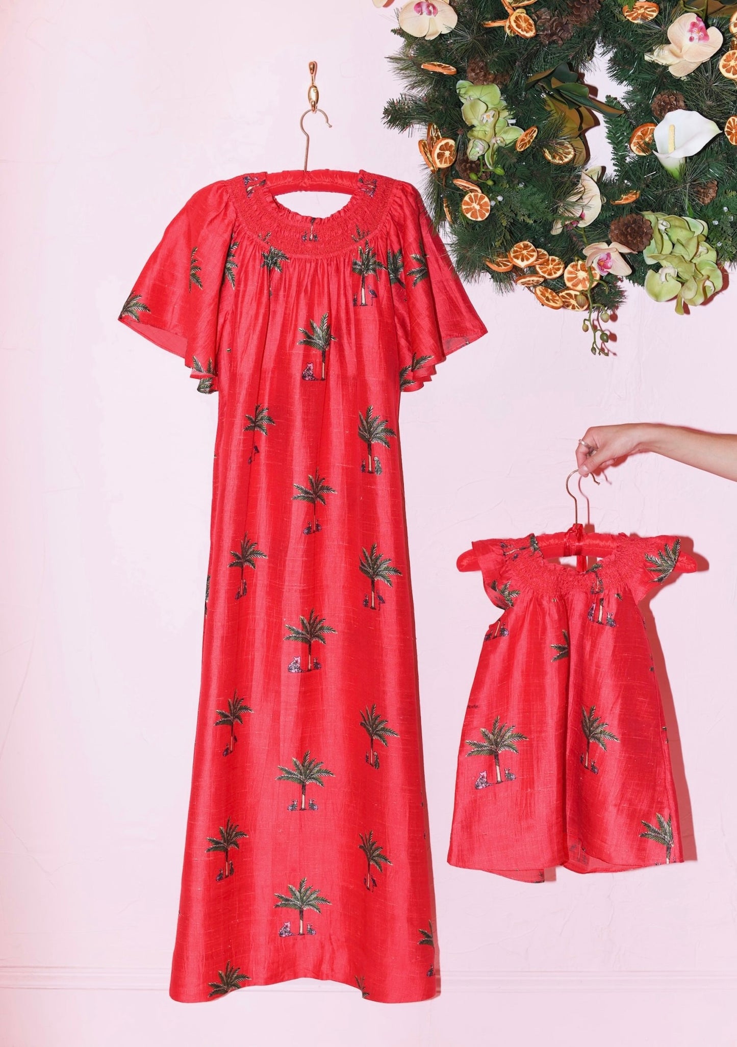 Smocked Neck Flutter Sleeve Maxi Dress in Petit Palm Christmas Tropic Silk Dupioni