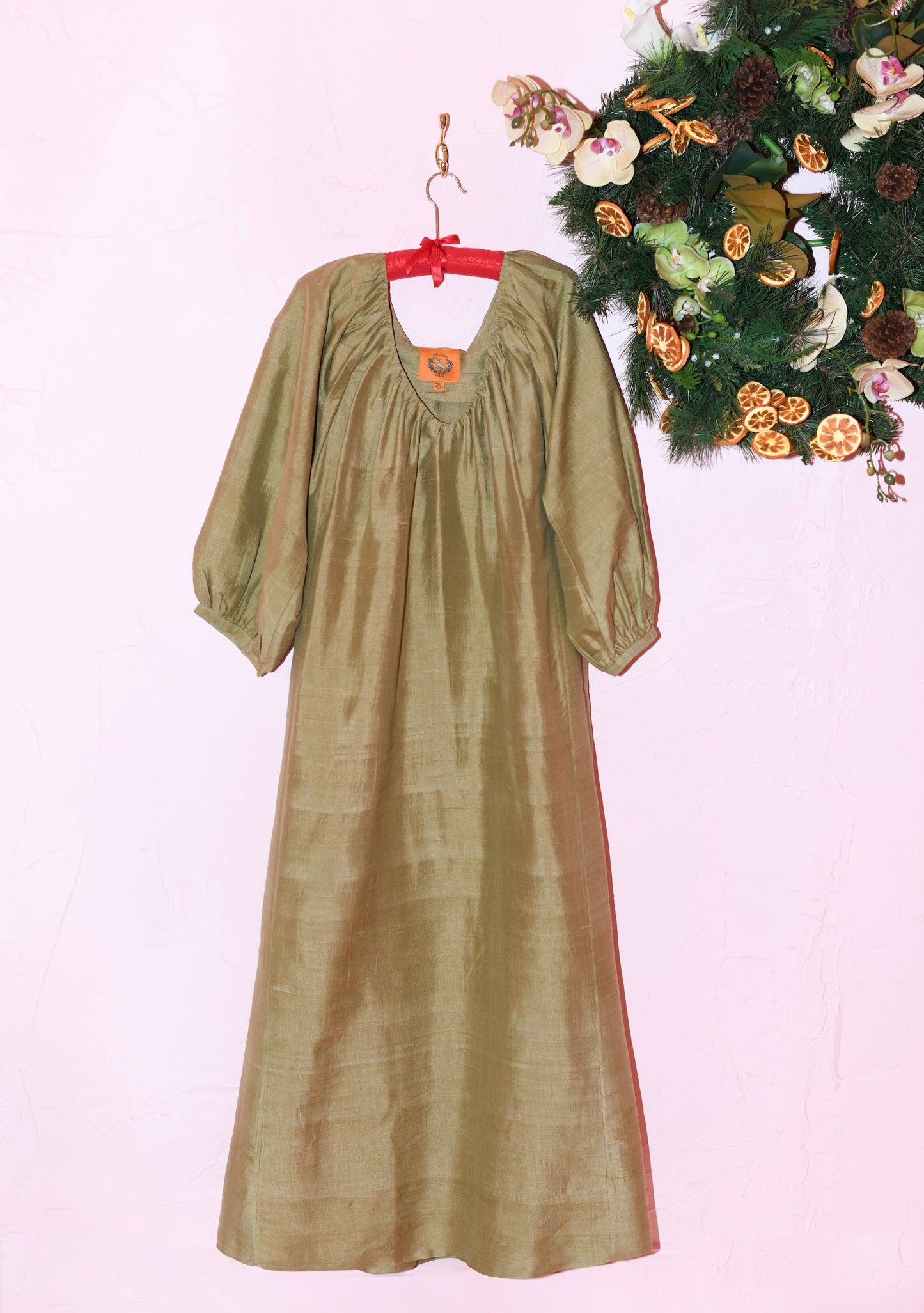 V Neck Maxi Dress in Antique Gold Silk Dupioni