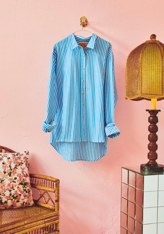 Classic Button Down in Bright Blue Cotton Stripe