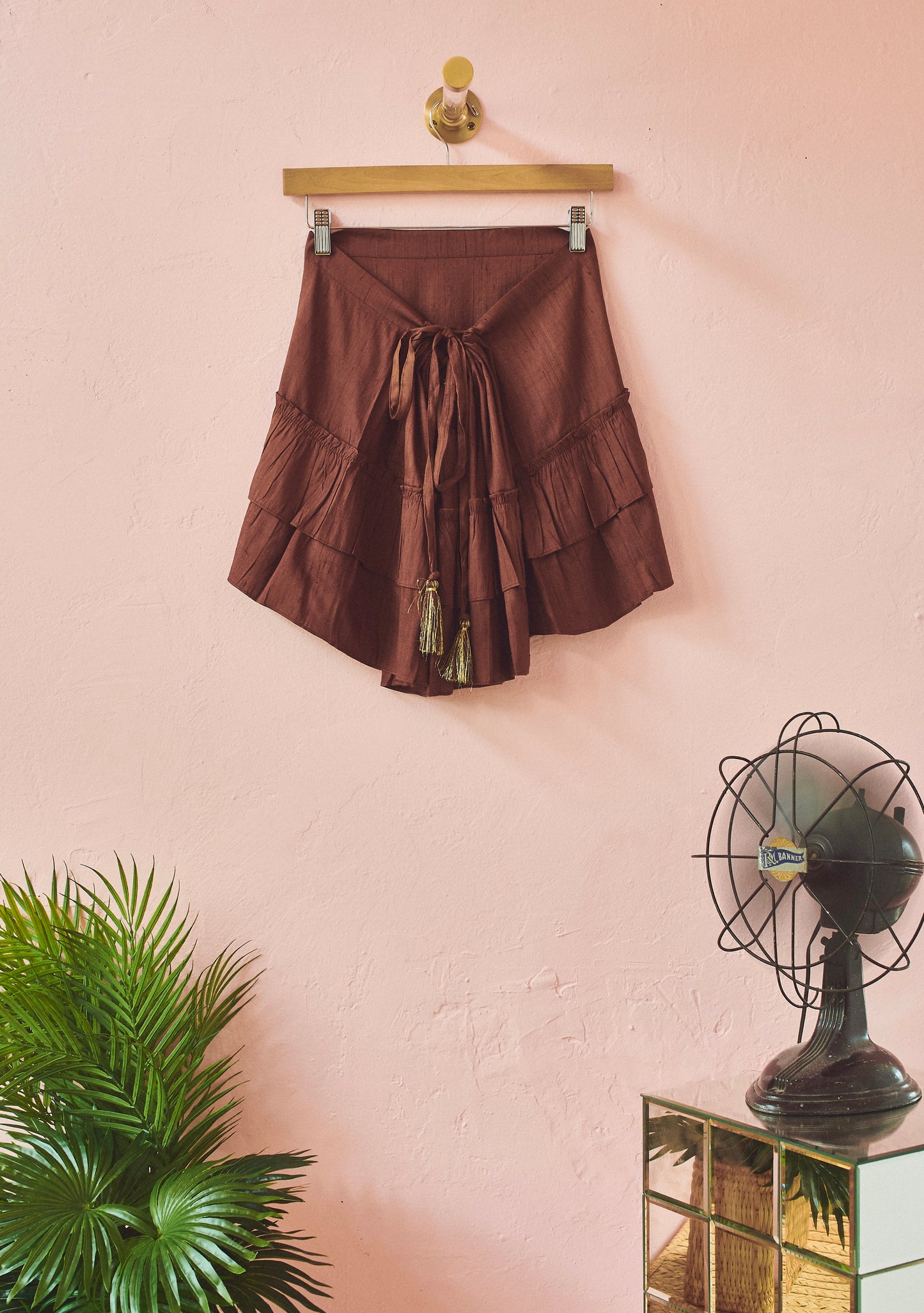 Cinch Back Tie Mini Skirt in Silk Dupioni