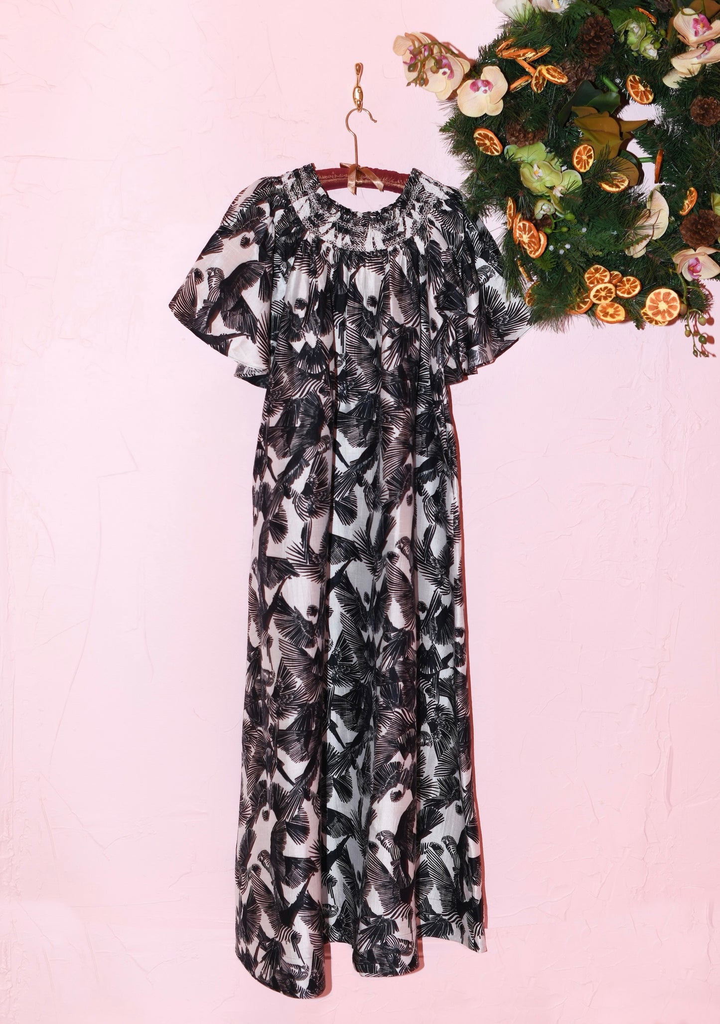 Smocked Neck Flutter Sleeve Maxi Dress in Midnight Birds Black And White Silk Dupioni