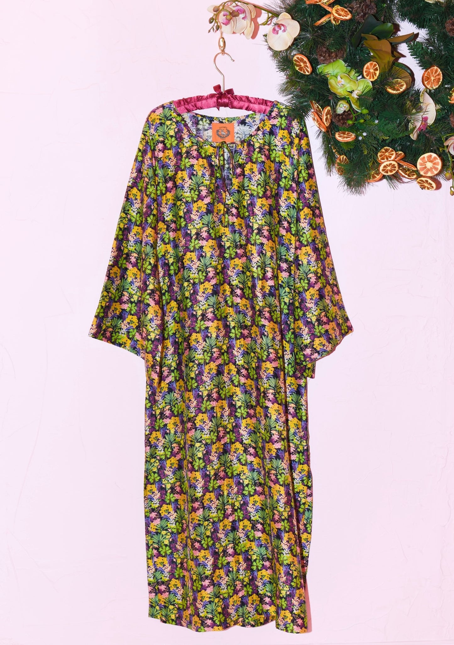 Gail Midi Dress in Tropical Ditsy Papaya Silk Dupioni