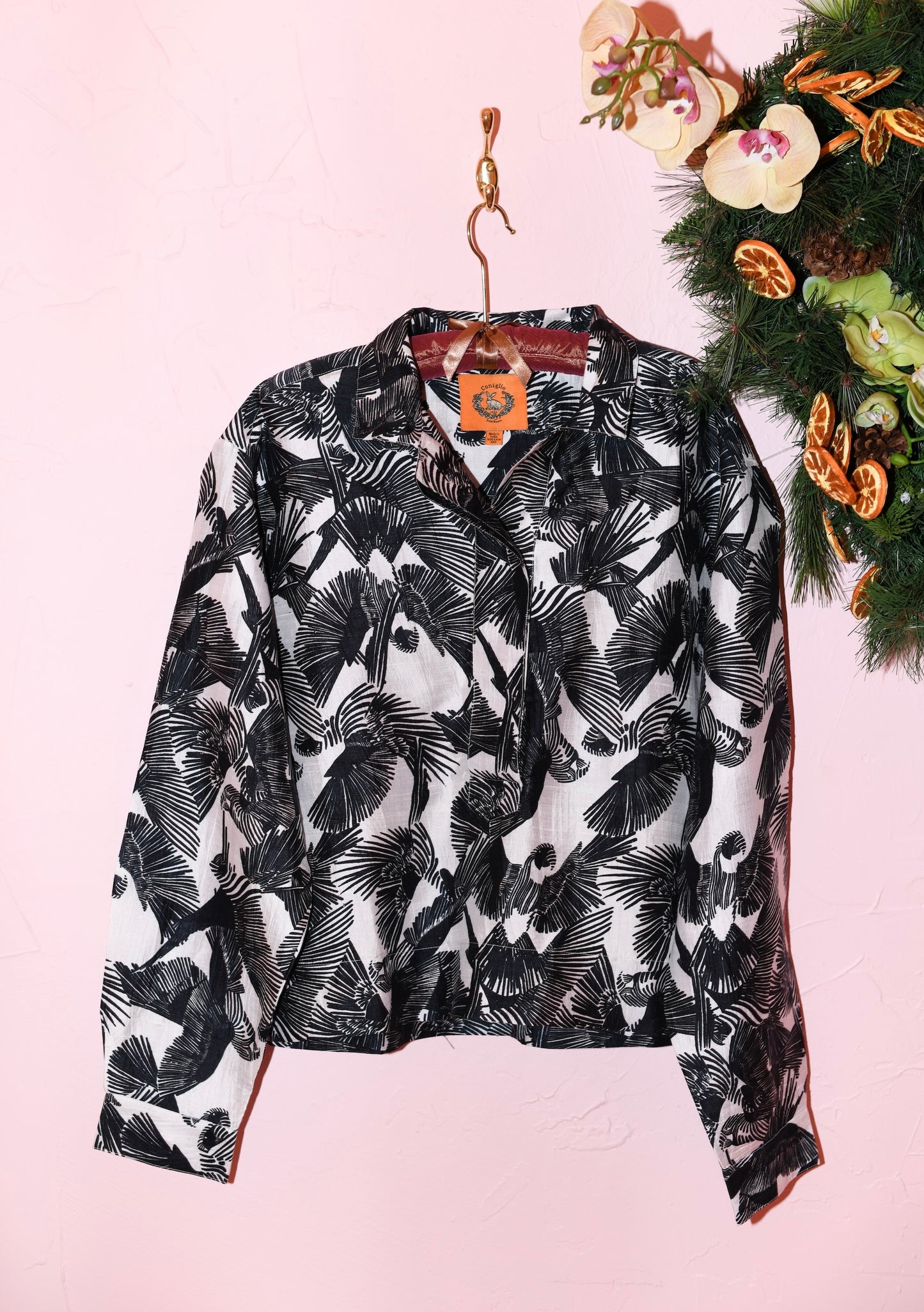 Half Placket Long Sleeve Mirasol Top in Midnight Birds Black And White Silk Dupioni