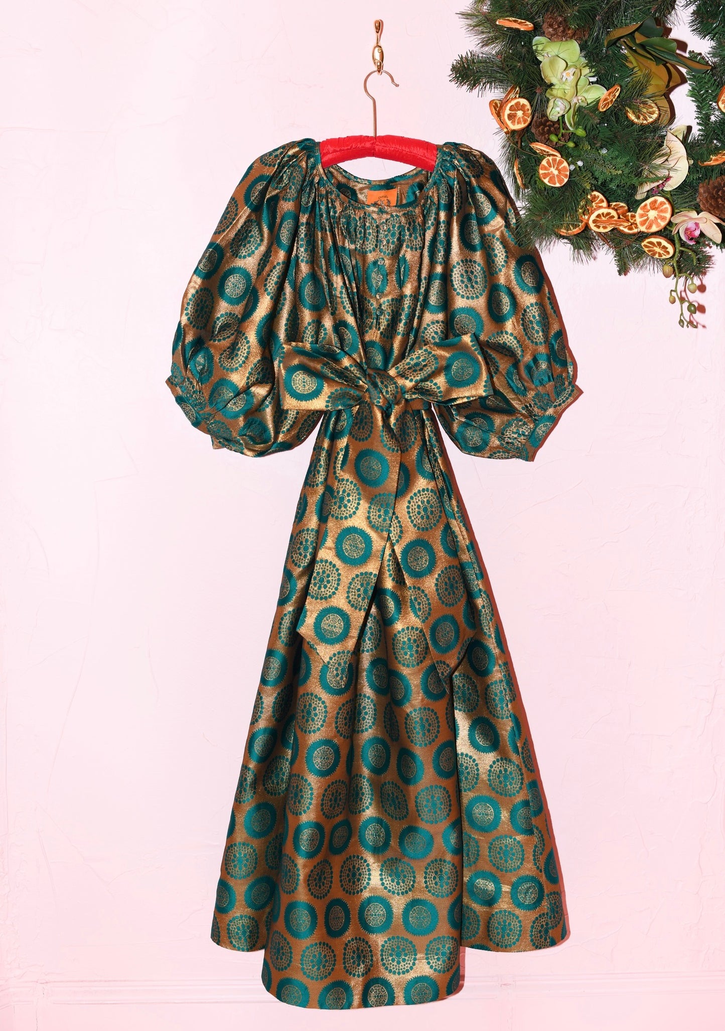 Shirred Half Placket Maxi Dress in Lagoon Rondel Brocade