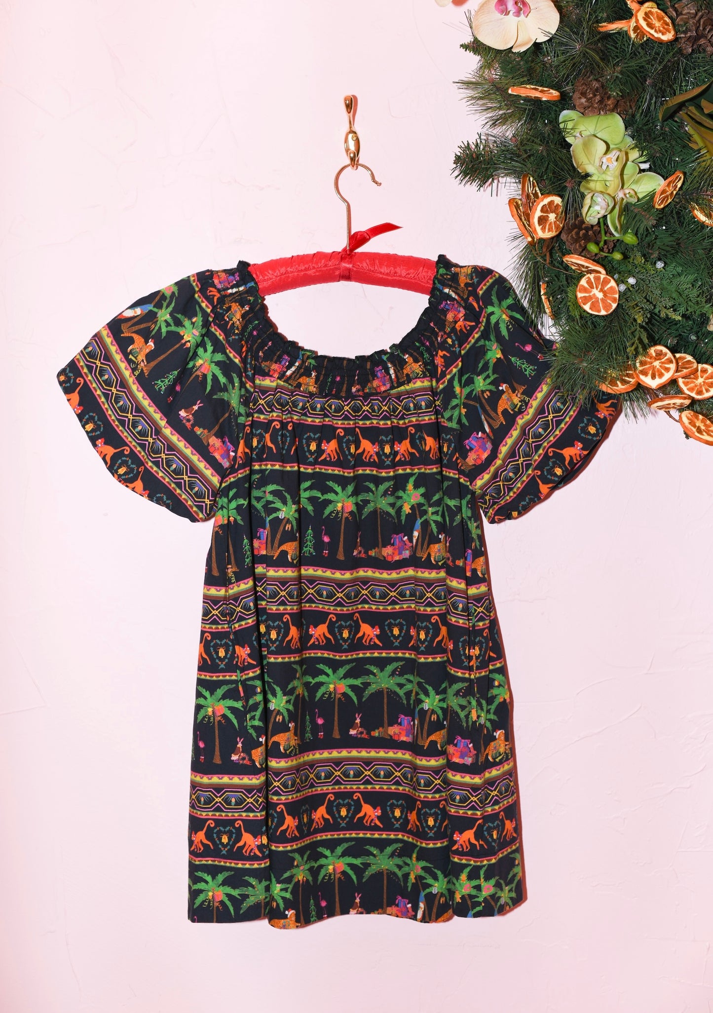 Baby Doll Short Sleeve Mini Dress in Jungle Bell Hi Holiday Cotton Poplin