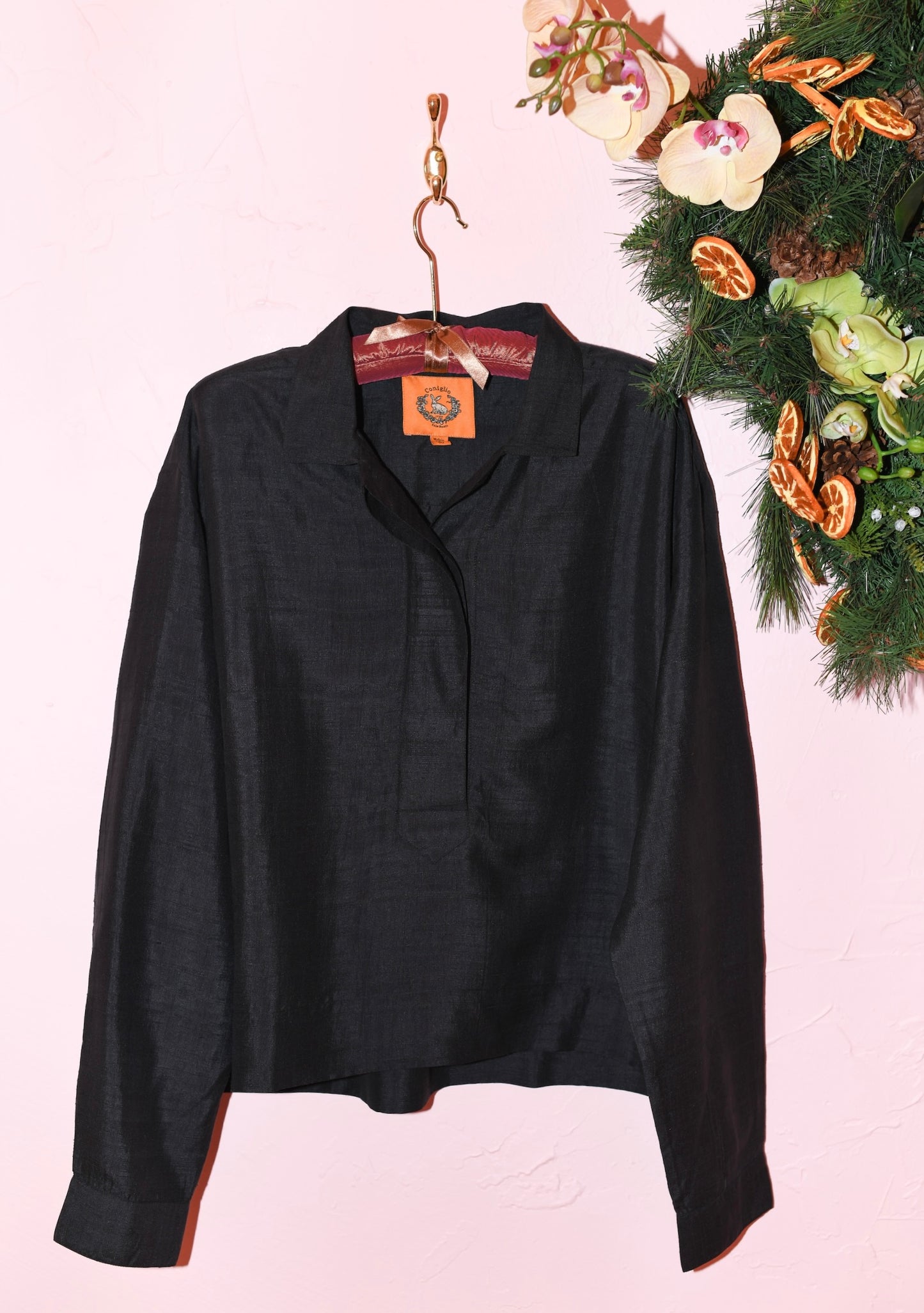 Half Placket Long Sleeve Mirasol Top in Black Silk Dupioni