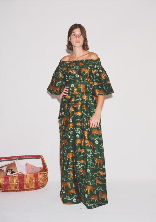 Smocked Neck Flutter Sleeve Maxi Dress | Silk Dupioni