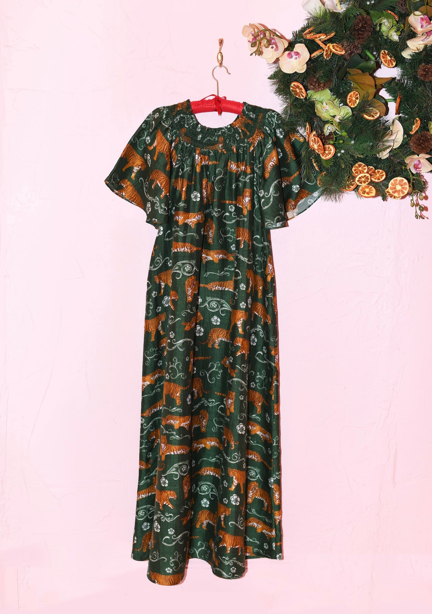 Smocked Neck Flutter Sleeve Maxi Dress in Tiger's Meadow Emerald Silk Dupioni