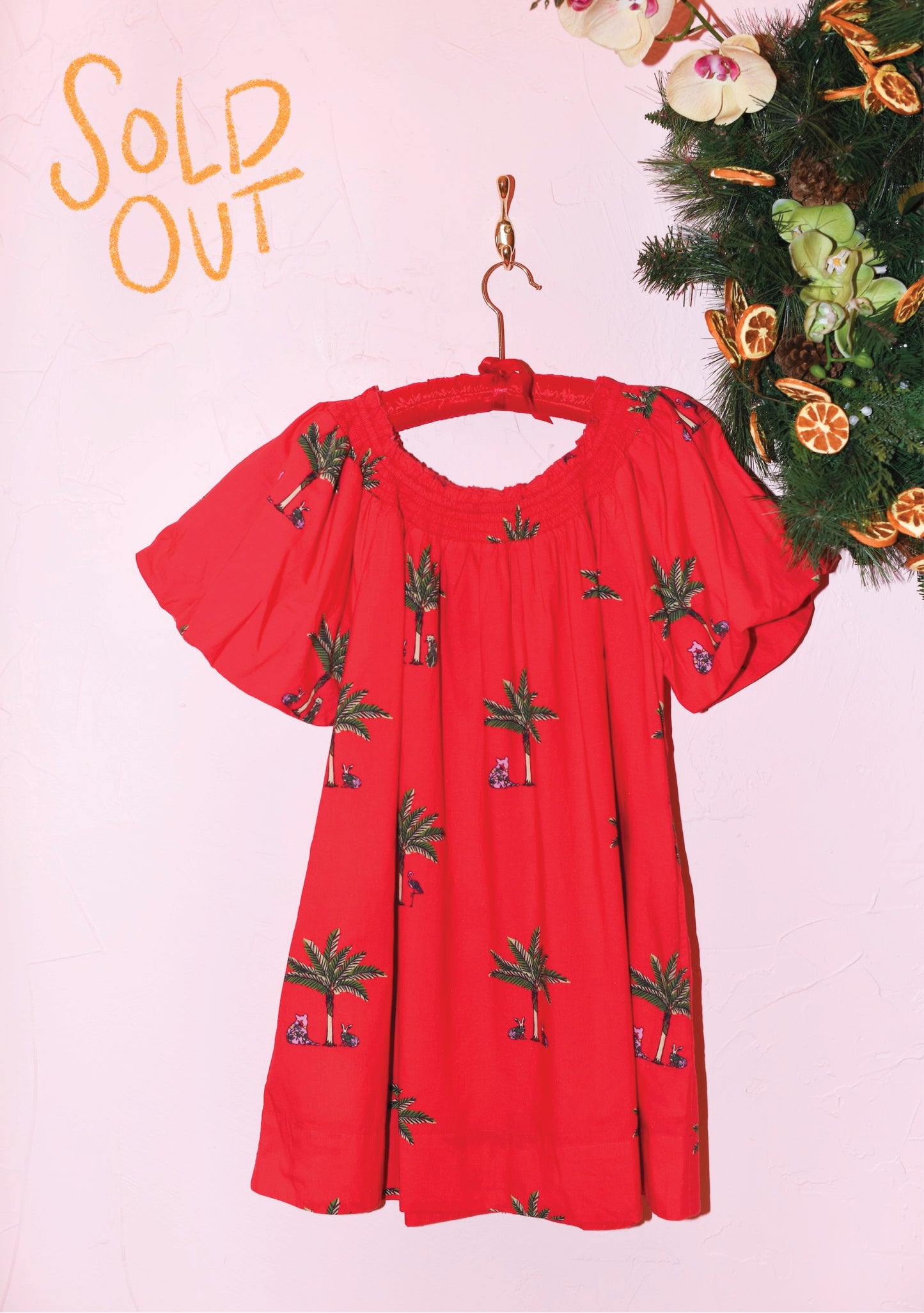 Baby Doll Short Sleeve Mini Dress in Petit Palm Christmas Tropic Cotton Poplin