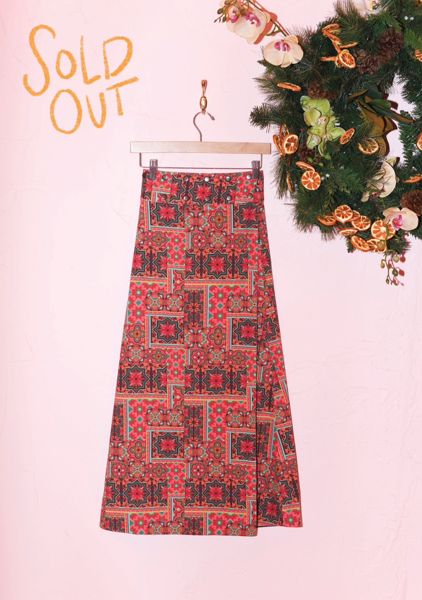 Adjustable Snap Palm Midi Skirt in Mixed Mosaic Opal Multi Cotton Poplin